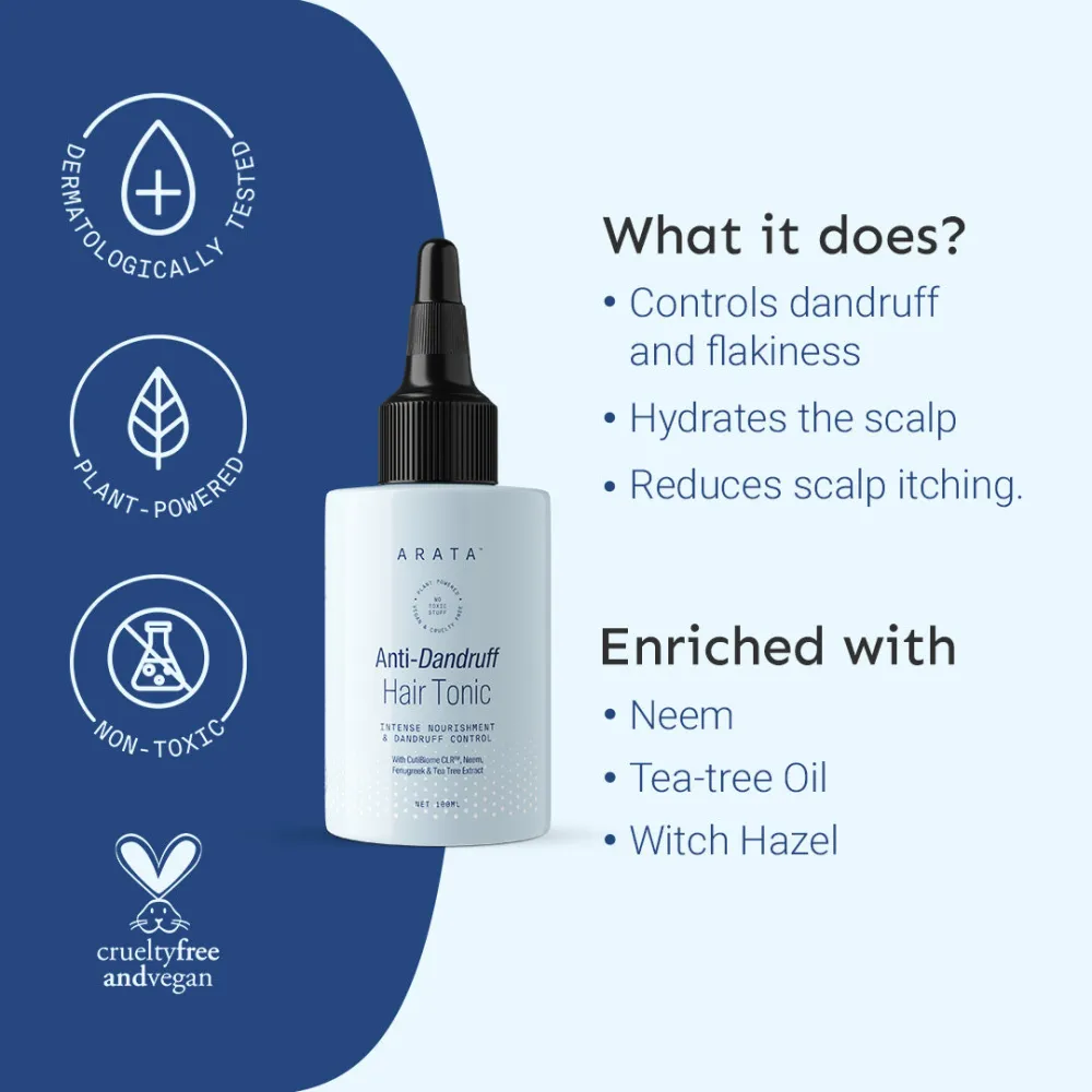 Arata Anti-Dandruff Serum (Tonic) for Women and Men | With Glycolic Acid & Piroctone Olamine | Up to 100% Dandruff Reduction | Reduces Flaking & Itching - BYOB - Image 3