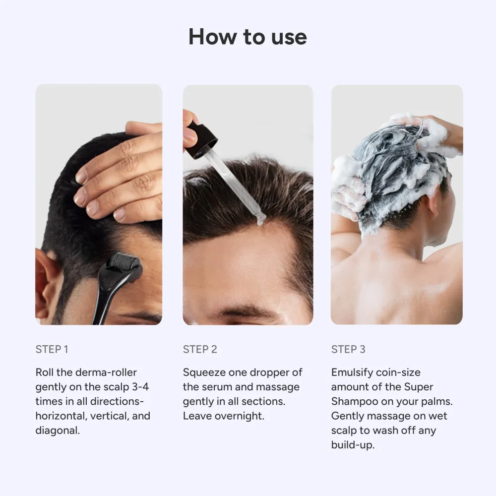 Grow Strong Kit | Super Shampoo (150ml) + Hair Growth Serum (30ml) + Derma Roller - Image 6